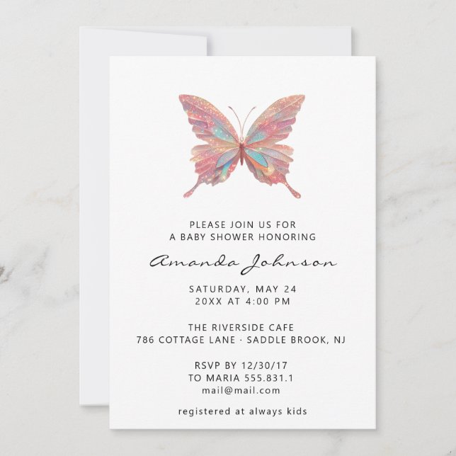 Invitation Baby shower papillon fille Rose or blanc (Devant)