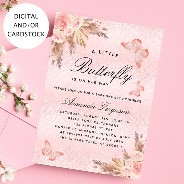 Invitation Baby shower papillon fille rose pampas herbe (Créateur téléchargé)