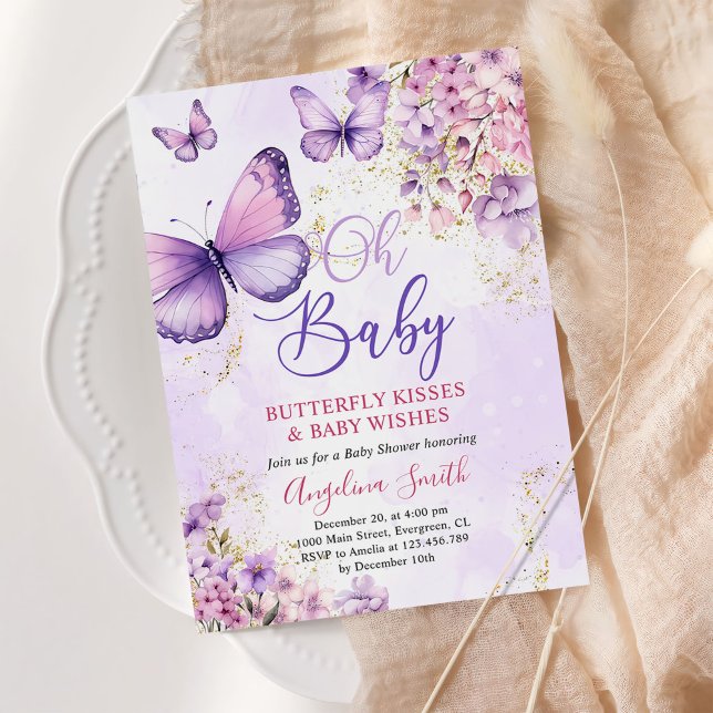 Invitation Baby shower papillon floral pourpre et or (Créateur téléchargé)