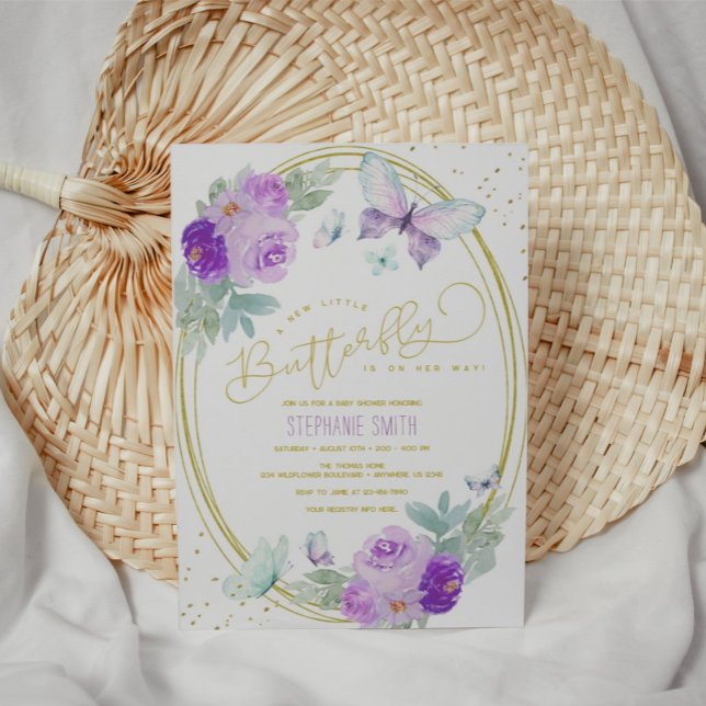 Invitation Baby shower papillon floral pourpre et or (Créateur téléchargé)