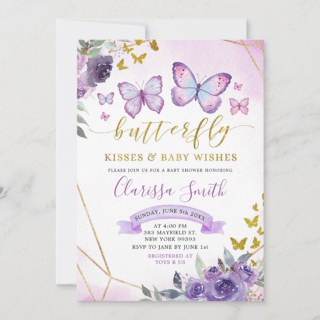 Invitation Baby shower papillon floral pourpre et or (Devant)