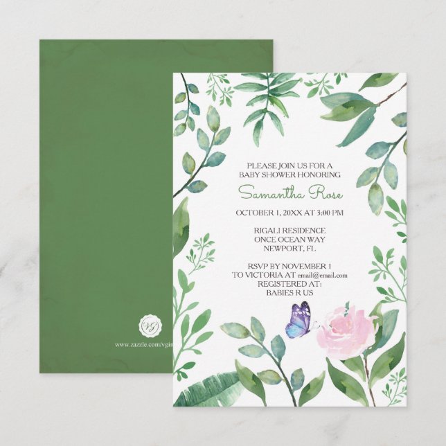 Invitation Baby shower papillon Invitation, rose (Devant / Derrière)