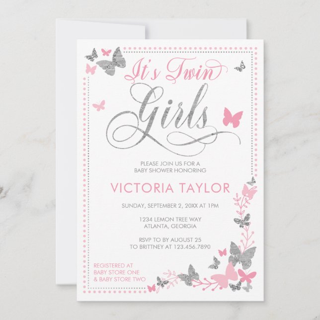 Invitation Baby shower papillon Invitation, Rose, Argent (Devant)