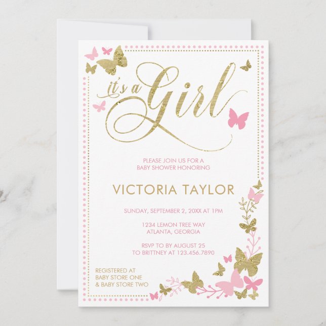 Invitation Baby shower papillon Invitation, Rose, Or (Devant)