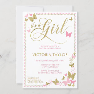 Invitation Baby shower papillon Invitation, Rose, Or