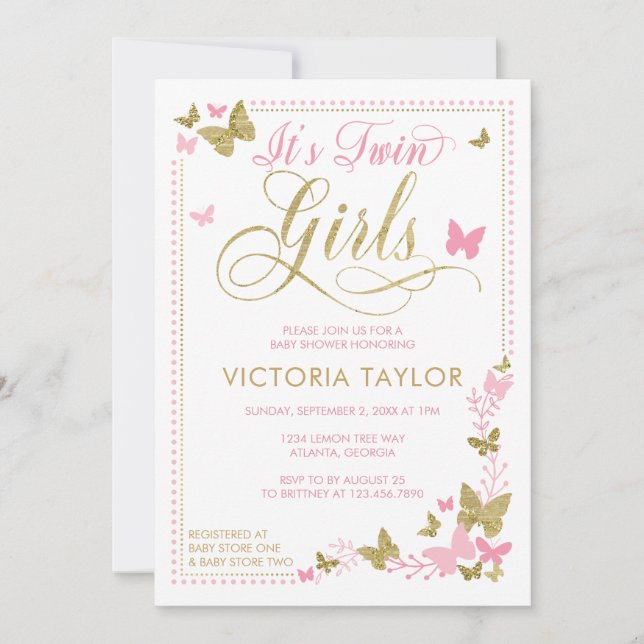 Invitation Baby shower papillon Invitation, Rose, Or (Devant)