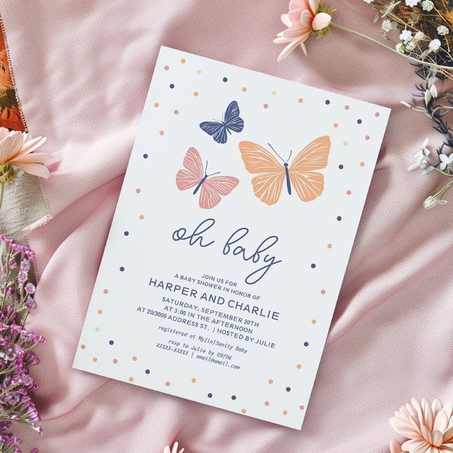 Invitation Baby shower papillon neutre moderne par sexe (Simple and modern baby shower invitation featuring butterflies and elegant typography.)