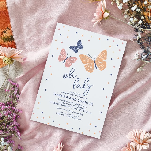 Invitation Baby shower papillon neutre moderne par sexe (Simple and modern baby shower invitation featuring butterflies and elegant typography.)