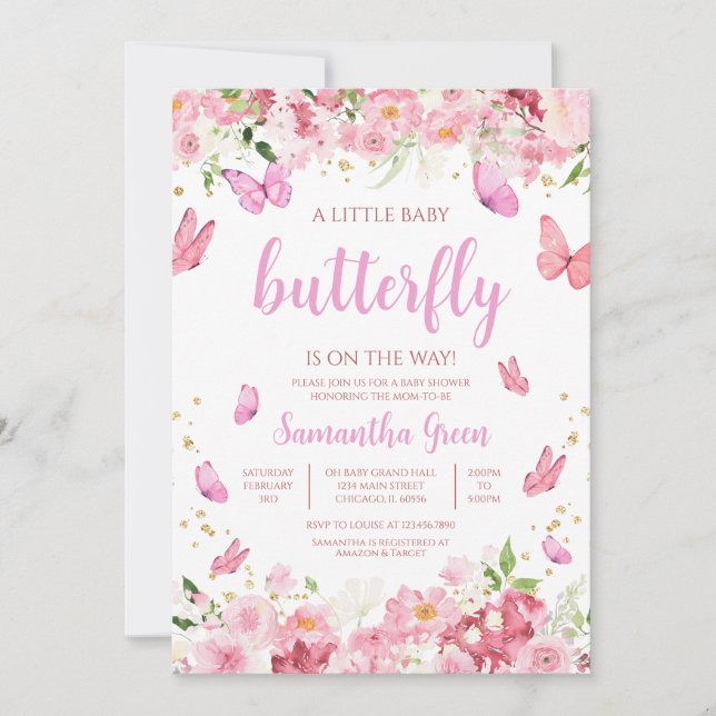 Invitation Baby shower papillon rose (Devant)