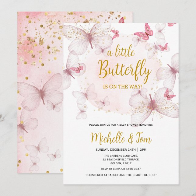 Invitation Baby shower papillon rose (Devant / Derrière)