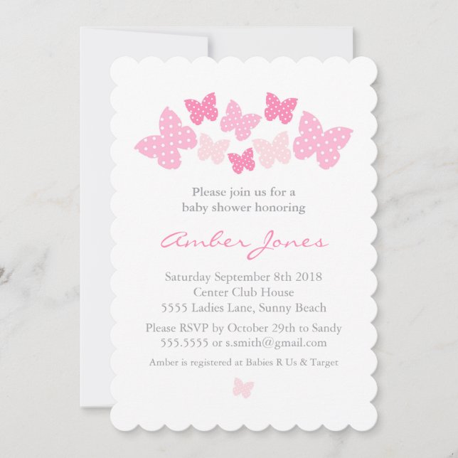 Invitation Baby shower papillon - rose (Devant)