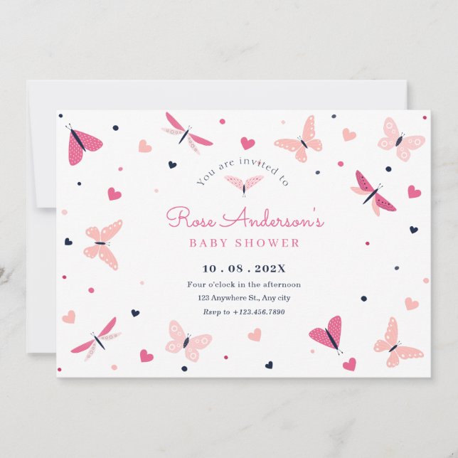 Invitation Baby shower papillon rose (Devant)