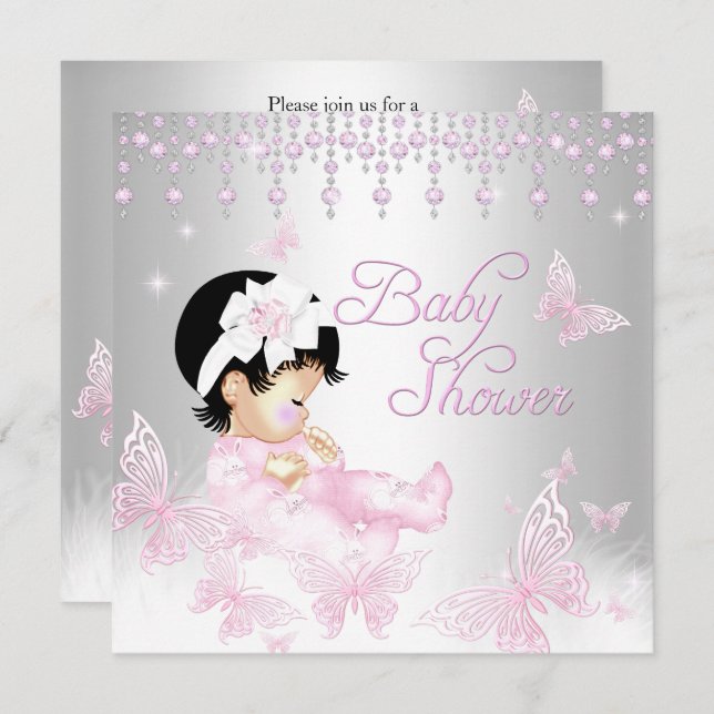 Invitation Baby shower papillon rose Argent (Devant / Derrière)