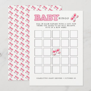Invitation baby shower Papillon rose bébé fille Bingo Card