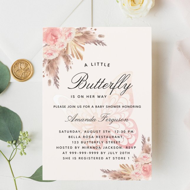 Invitation Baby shower papillon rose beige pampas herbe (Créateur téléchargé)