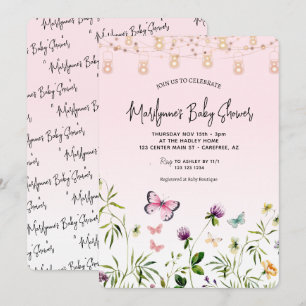 Invitation Baby Shower Papillon Rose Écriture Manuscrit Fleur