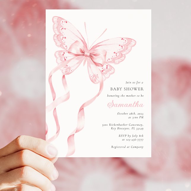 Invitation Baby shower papillon rose élégant (Créateur téléchargé)