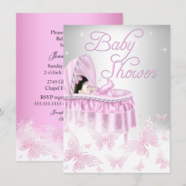 Invitation Baby shower papillon rose et argenté (Devant / Derrière)