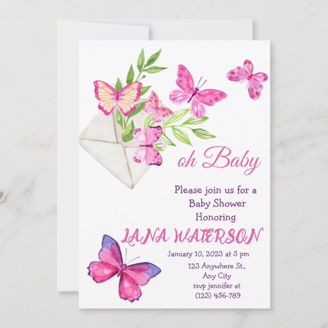 Invitation Baby shower papillon rose et vert (Devant)