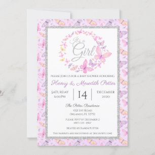 Invitation Baby shower papillon rose et violet en argent