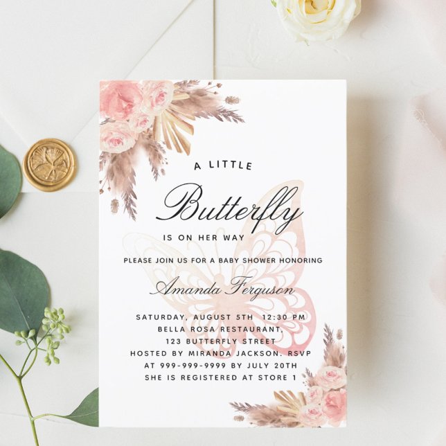 Invitation Baby shower papillon rose fille pampas herbe (Créateur téléchargé)