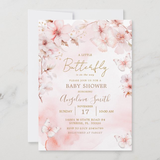 Invitation Baby shower papillon rose Fleurs cerises (Devant)