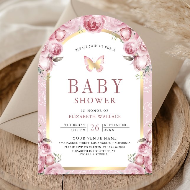 Invitation Baby shower papillon rose floral (Créateur téléchargé)