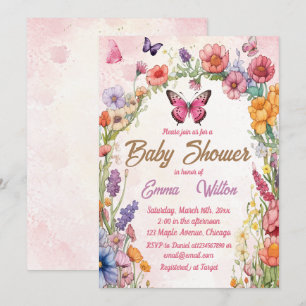 Invitation Baby shower papillon rose Jardin floral
