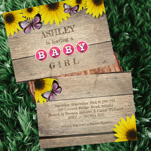 Invitation Baby Shower Papillon Rose Tournesol Rustique Fil