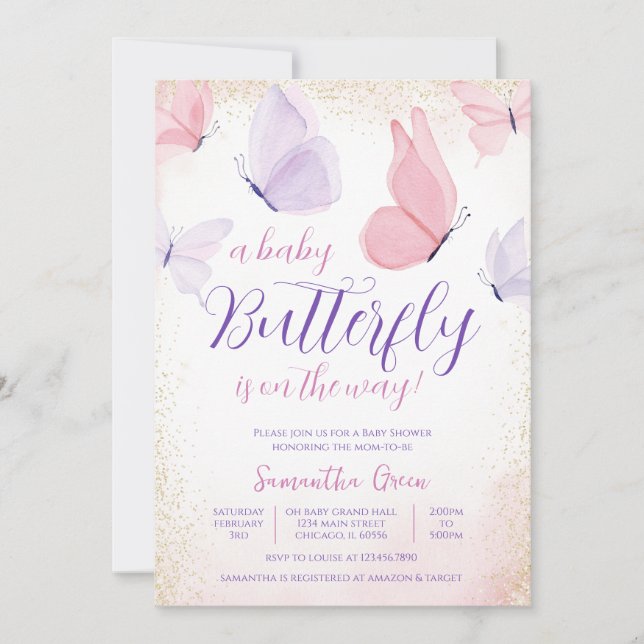 Invitation Baby shower papillon rose violet (Devant)