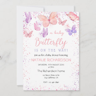Invitation Baby Shower Papillon Rose Violet 