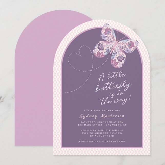 Invitation Baby shower papillon rose violet (Devant / Derrière)