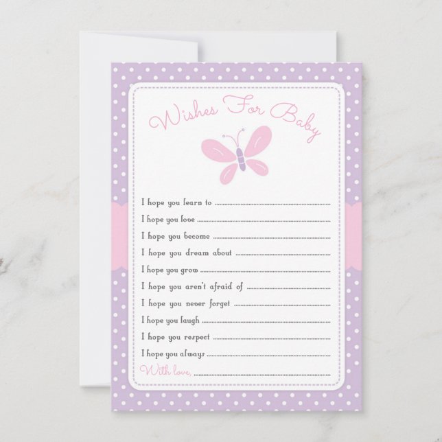 Invitation Baby shower papillon souhaits pour bébé violet ros (Devant)