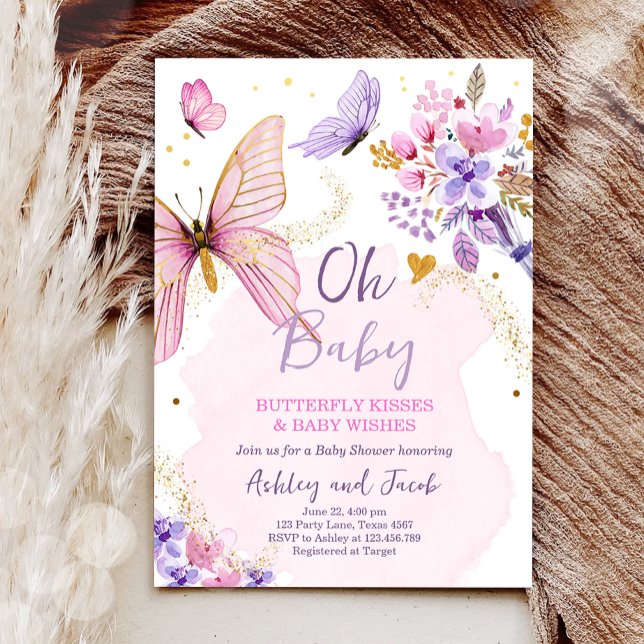 Invitation Baby shower papillon violet floral rose fille Invi (Créateur téléchargé)