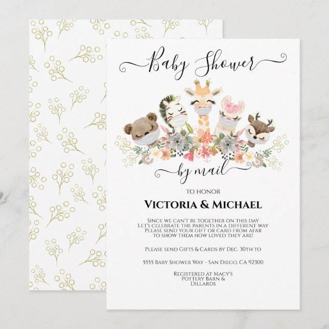 Invitation Baby shower par la poste bébé Animaux avec masques (Devant / Derrière)