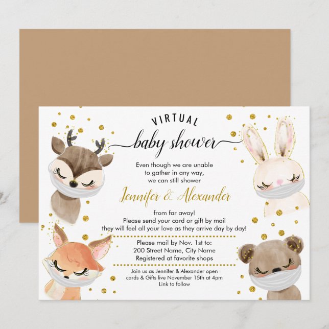 Invitation Baby shower par la poste des animaux pour bébés de (Devant / Derrière)