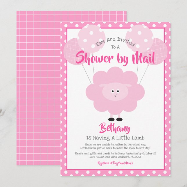 Invitation Baby shower par Mail Agneau rose mignon Moderne Si (Devant / Derrière)