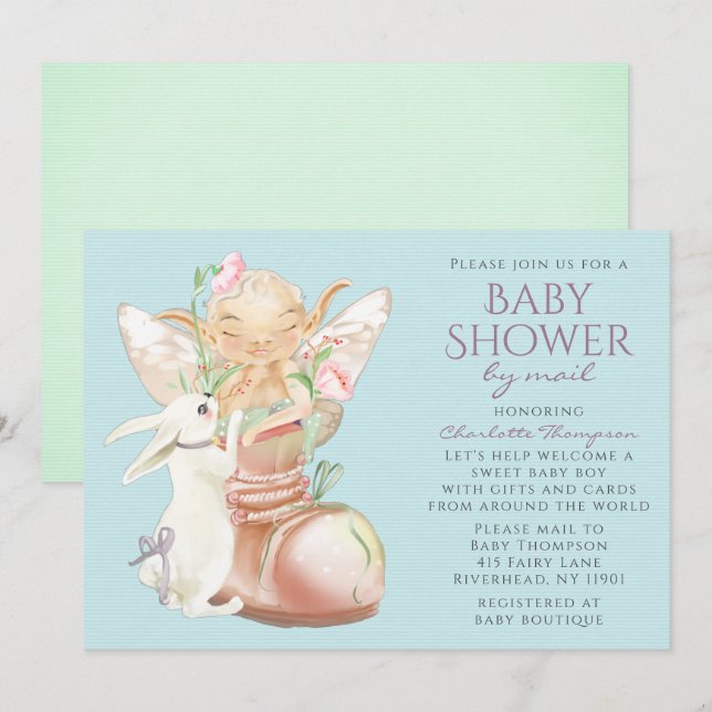 Invitation Baby shower Par Mail Aquarelle Garçon Fée Rabbit (Devant / Derrière)