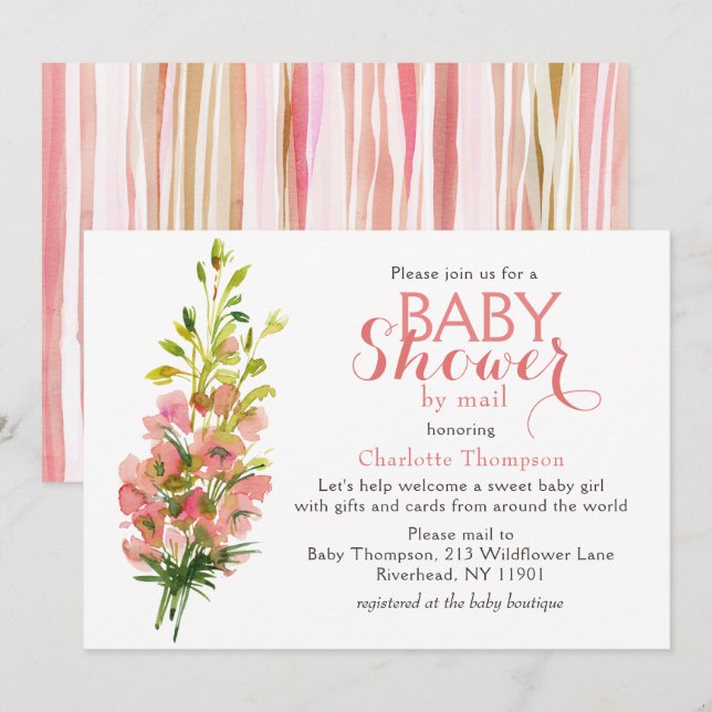 Invitation Baby shower Par Mail Aquarelle Rose Bouquet Floral (Devant / Derrière)