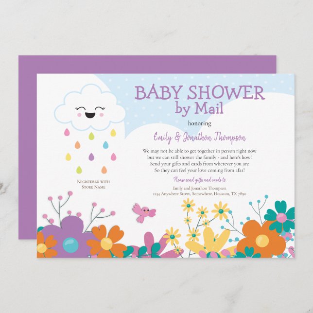 Invitation Baby shower Par Mail Cloud Raindrops Florals (Devant / Derrière)