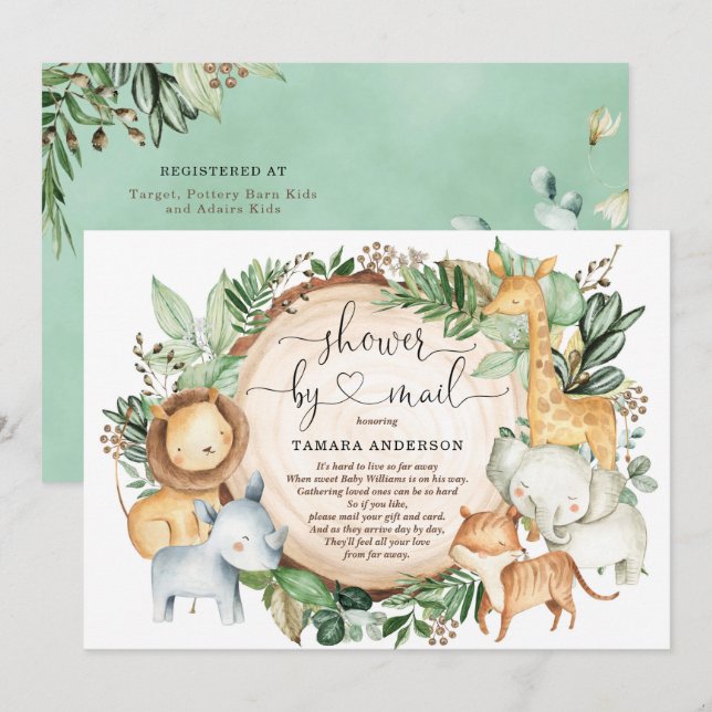 Invitation Baby shower Par Mail Green Safari Jungle Animaux (Devant / Derrière)