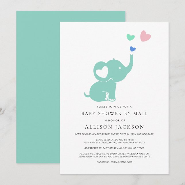 Invitation Baby shower Par Mail Mint Green Elephant (Devant / Derrière)