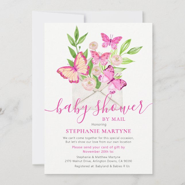 Invitation Baby shower Par Mail Papillon Rose Enveloppe Flora (Devant)