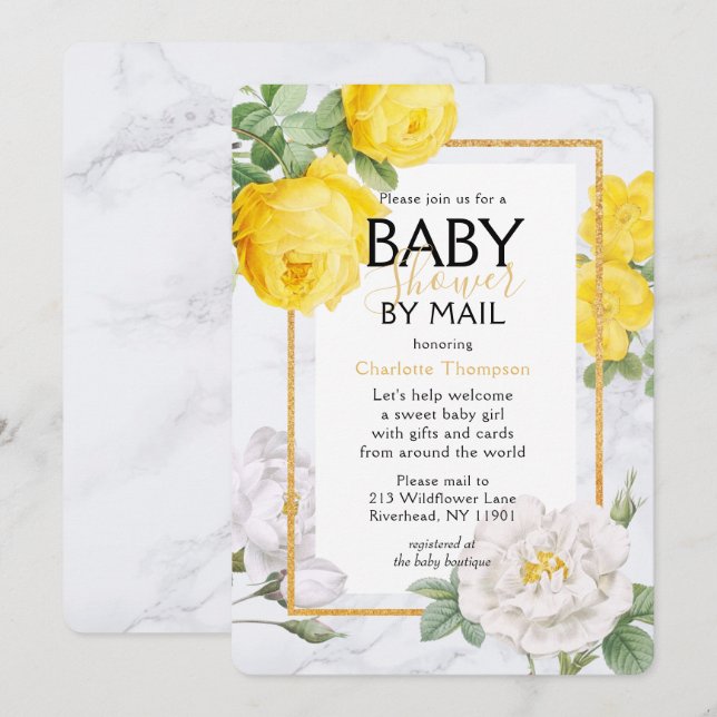 Invitation Baby shower Par Mail Rose Jaune Floral (Devant / Derrière)
