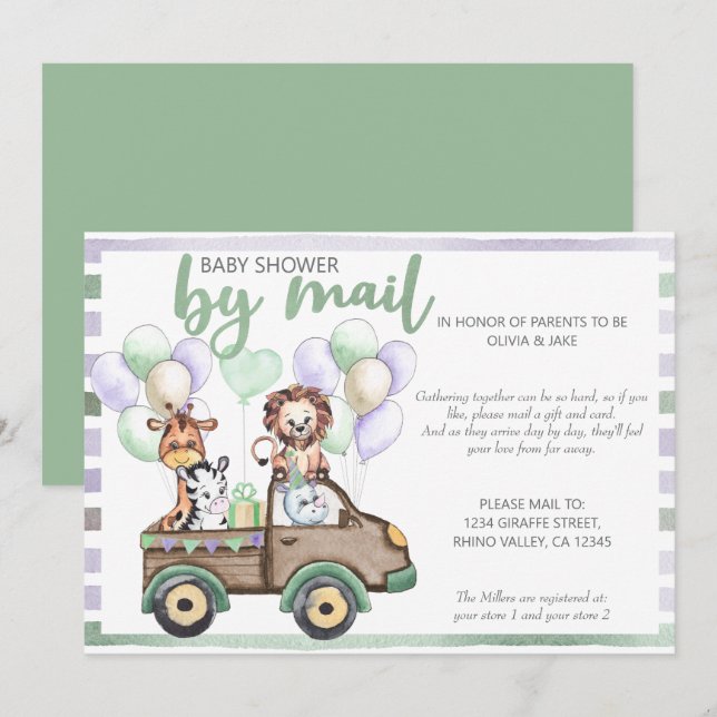 Invitation Baby shower par Mail Safari Camion et animaux mign (Devant / Derrière)