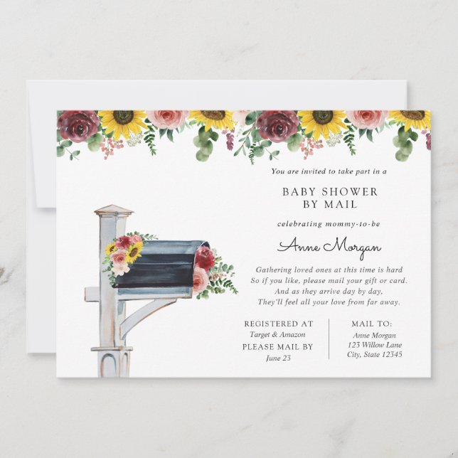 Invitation Baby shower par Rose de messagerie et tournesols e (Devant)