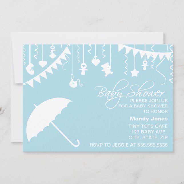 Invitation baby shower parapluie bleu pastel (Devant)