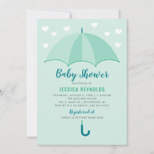Invitation Baby Shower parapluie coeurs menthe moderne