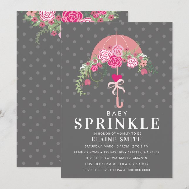 Invitation Baby shower parapluie floral rose et gris (Devant / Derrière)
