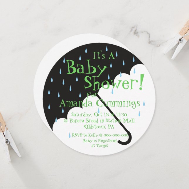Invitation Baby shower parapluie mignonne | Arrond (Devant/Arrière en situation)